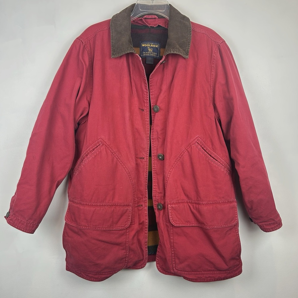 Woolrich Women's Barn Coat Medium Red Corduroy Collar Blanket Stripe Fleece Line